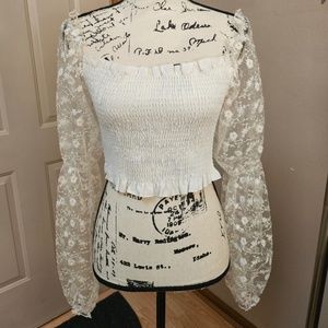 Smocked Bodice Lace Sleeve Blouse - Medium